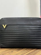 Vintage Mario Valentino Black Leather Monogram Clutch Bag Made in Italy MT36