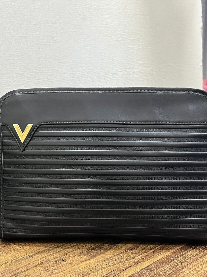 Vintage Mario Valentino Black Leather Monogram Clutch Bag Made in Italy MT36