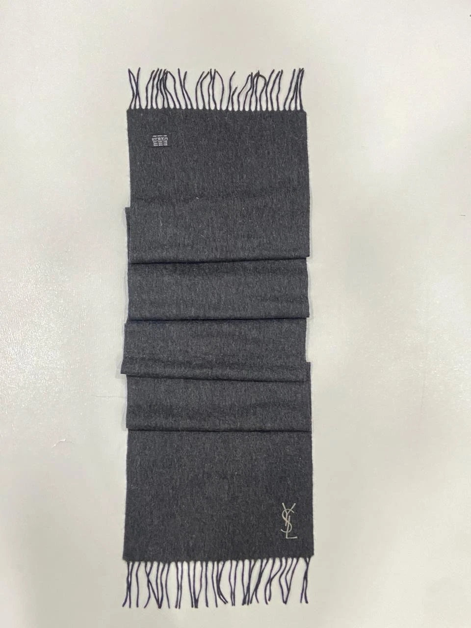 Yves Saint Laurent Pour Homme 100% Wool Scarf – Charcoal Gray with YSL Logo