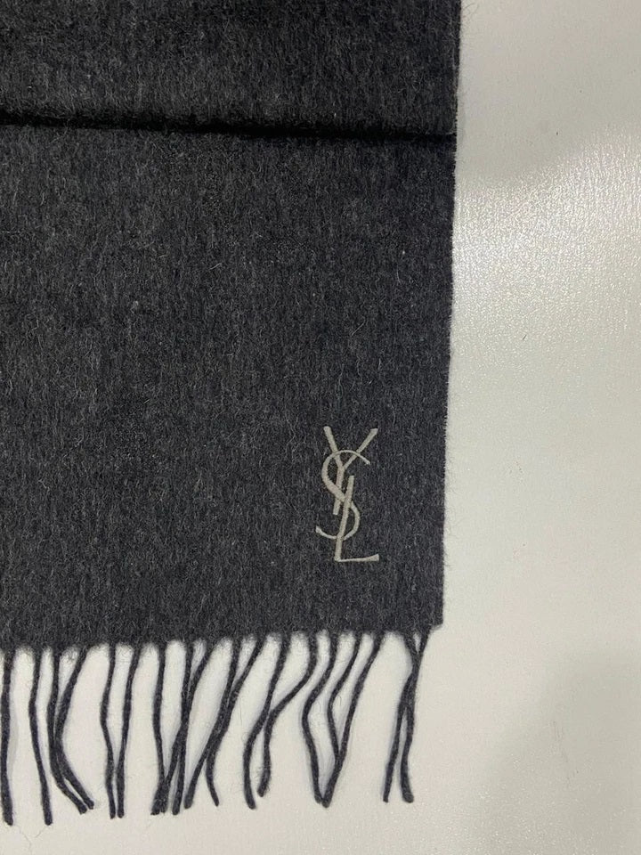 Yves Saint Laurent Pour Homme 100% Wool Scarf – Charcoal Gray with YSL Logo