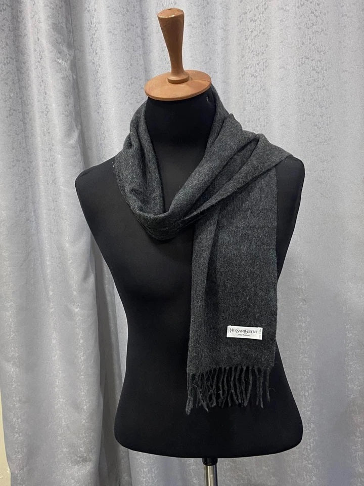 Yves Saint Laurent Pour Homme 100% Wool Scarf – Charcoal Gray with YSL Logo