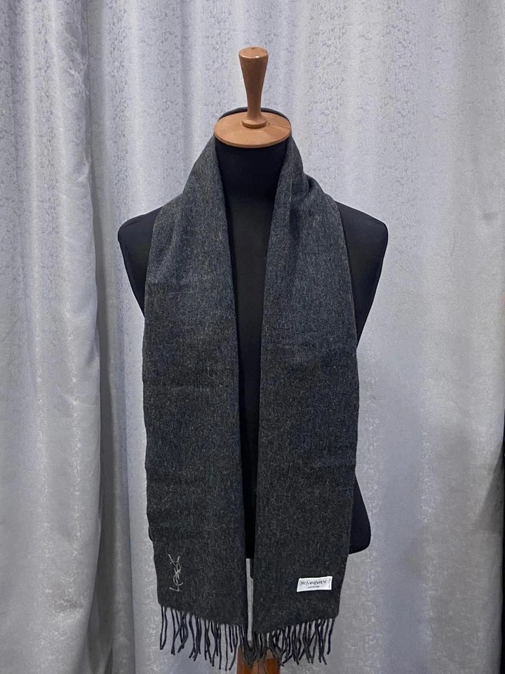 Yves Saint Laurent Pour Homme 100% Wool Scarf – Charcoal Gray with YSL Logo