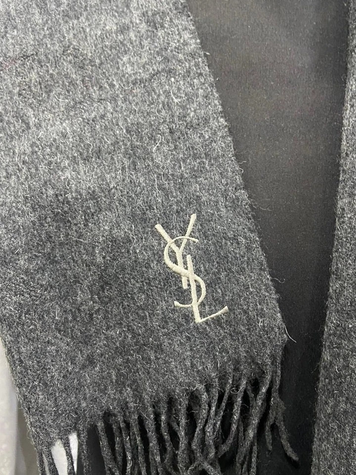 Yves Saint Laurent Pour Homme 100% Wool Scarf – Charcoal Gray with YSL Logo