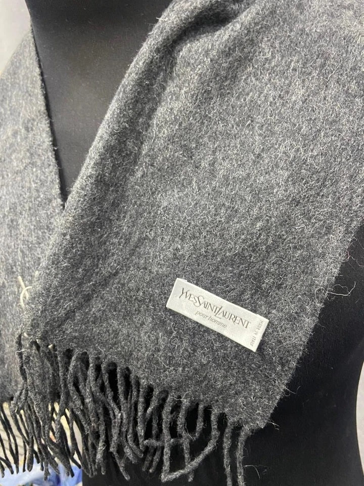 Yves Saint Laurent Pour Homme 100% Wool Scarf – Charcoal Gray with YSL Logo