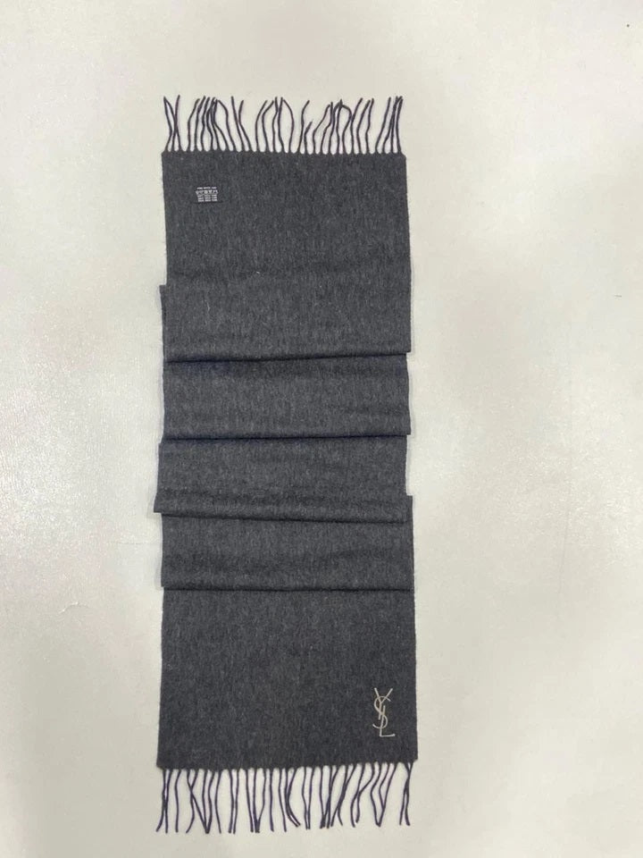 Yves Saint Laurent Pour Homme 100% Wool Scarf – Charcoal Gray with YSL Logo
