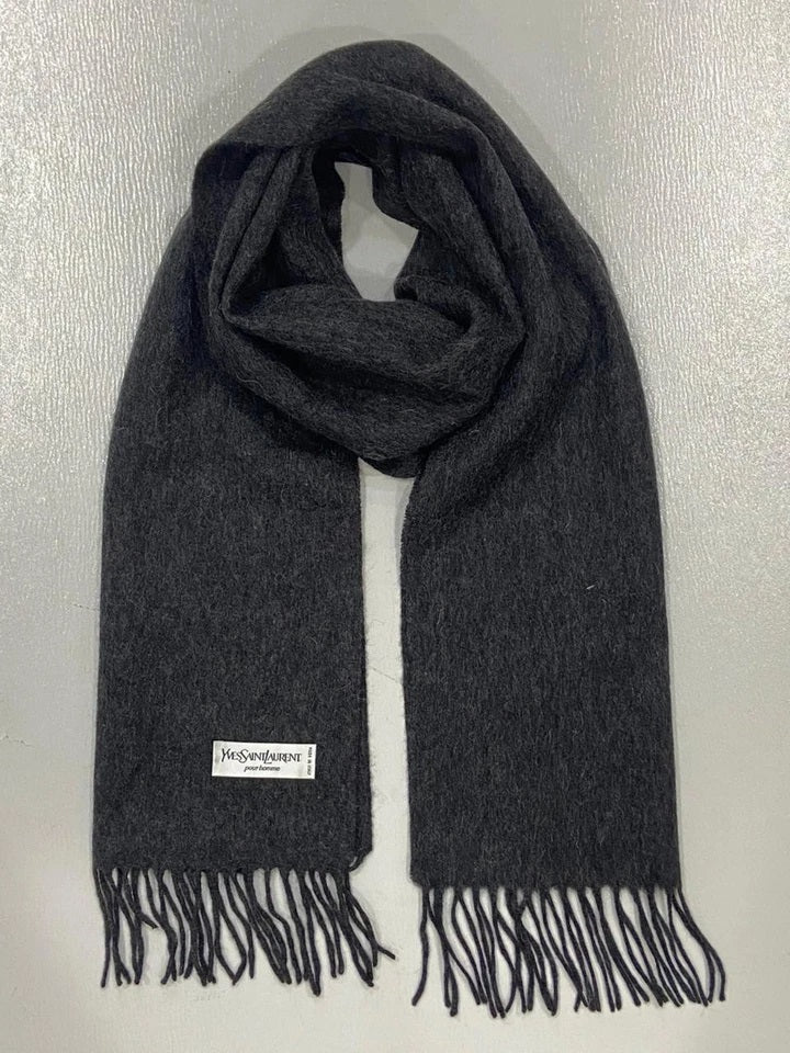 Yves Saint Laurent Pour Homme 100% Wool Scarf – Charcoal Gray with YSL Logo