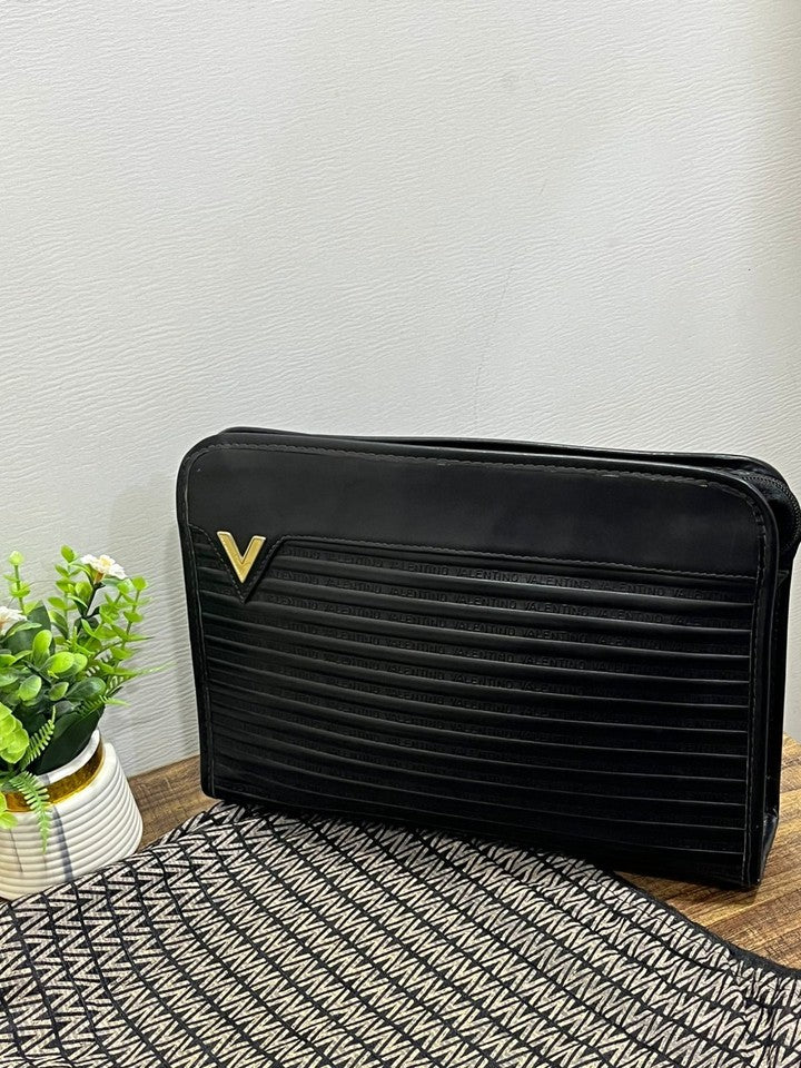 Vintage Mario Valentino Black Leather Monogram Clutch Bag Made in Italy MT36