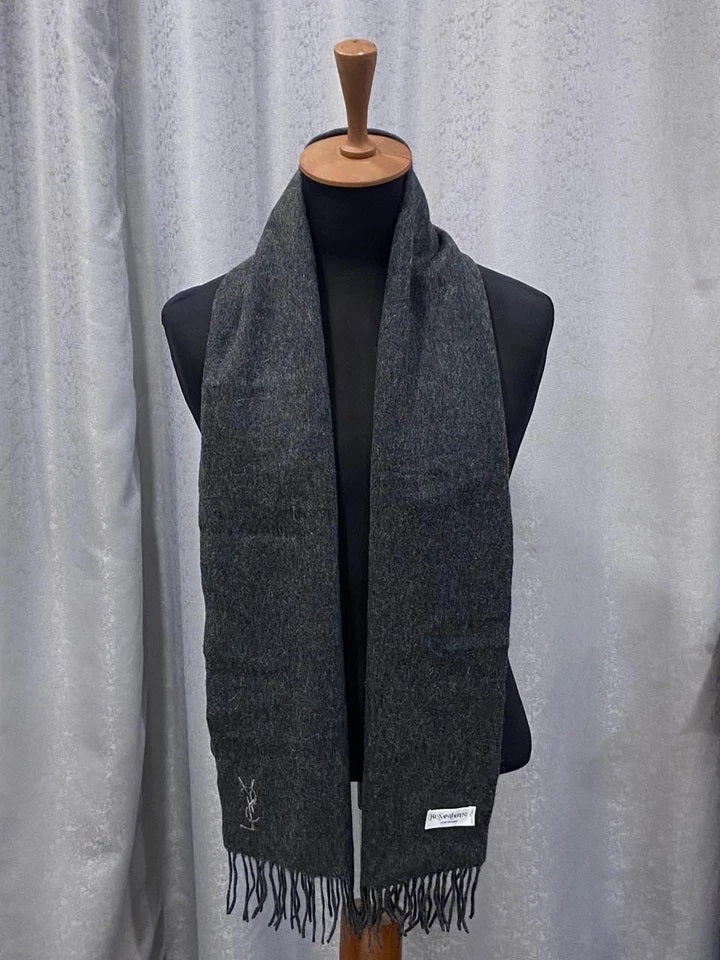Yves Saint Laurent Pour Homme 100% Wool Scarf – Charcoal Gray with YSL Logo