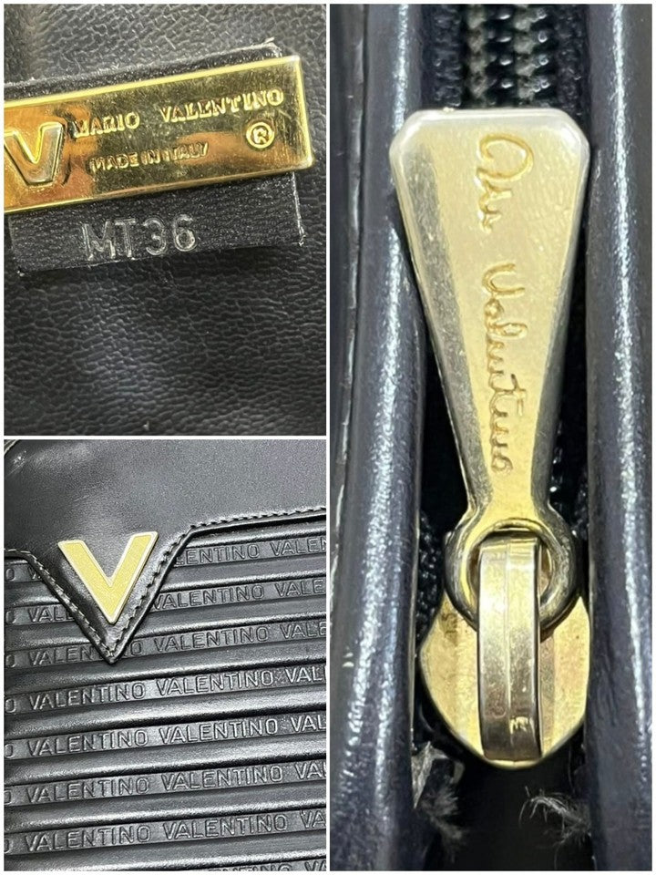 Vintage Mario Valentino Black Leather Monogram Clutch Bag Made in Italy MT36
