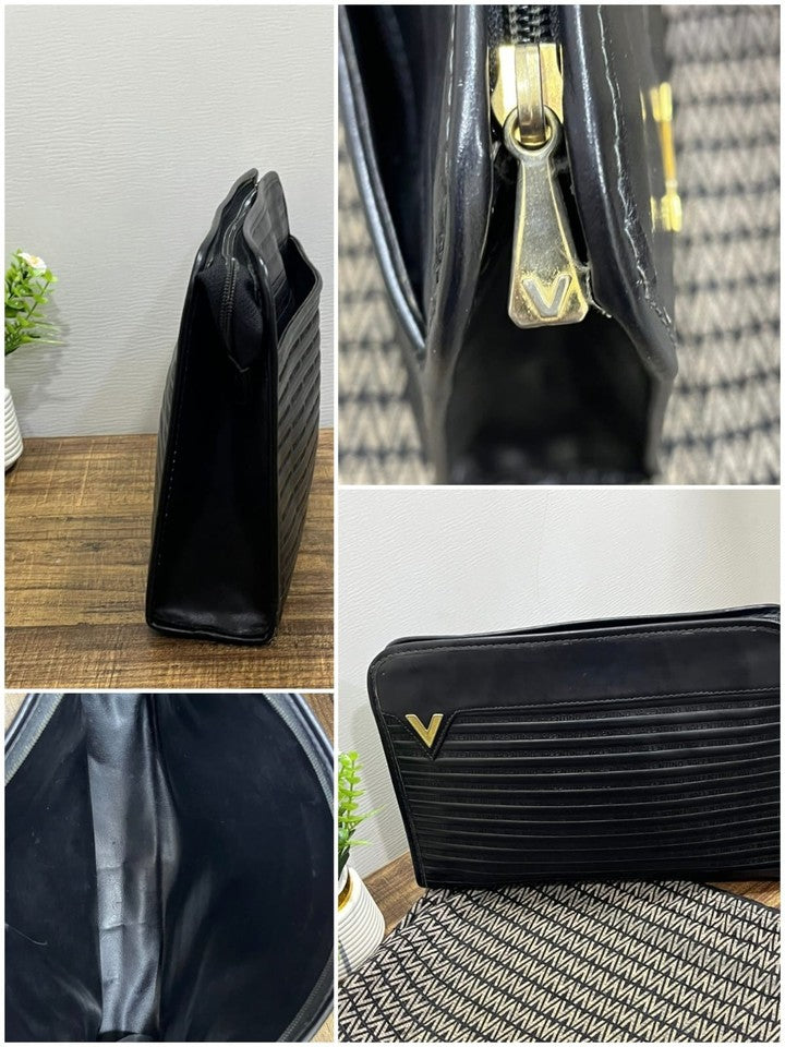Vintage Mario Valentino Black Leather Monogram Clutch Bag Made in Italy MT36