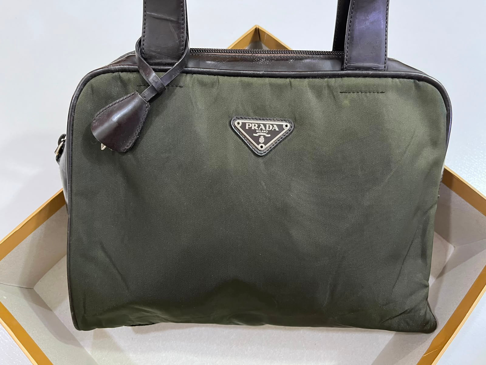 Vintage Prada Tessuto Nylon Satchel Bag - Olive Green | Samr