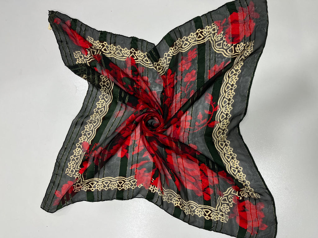 Vintage Nina Ricci Paris Seoul Silk Scarf Sheer Chiffon Red Rose Floral Lurex