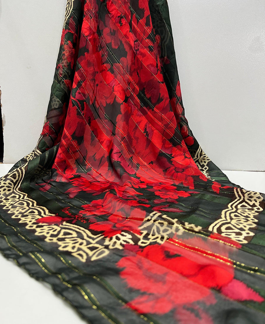 Vintage Nina Ricci Paris Seoul Silk Scarf Sheer Chiffon Red Rose Floral Lurex