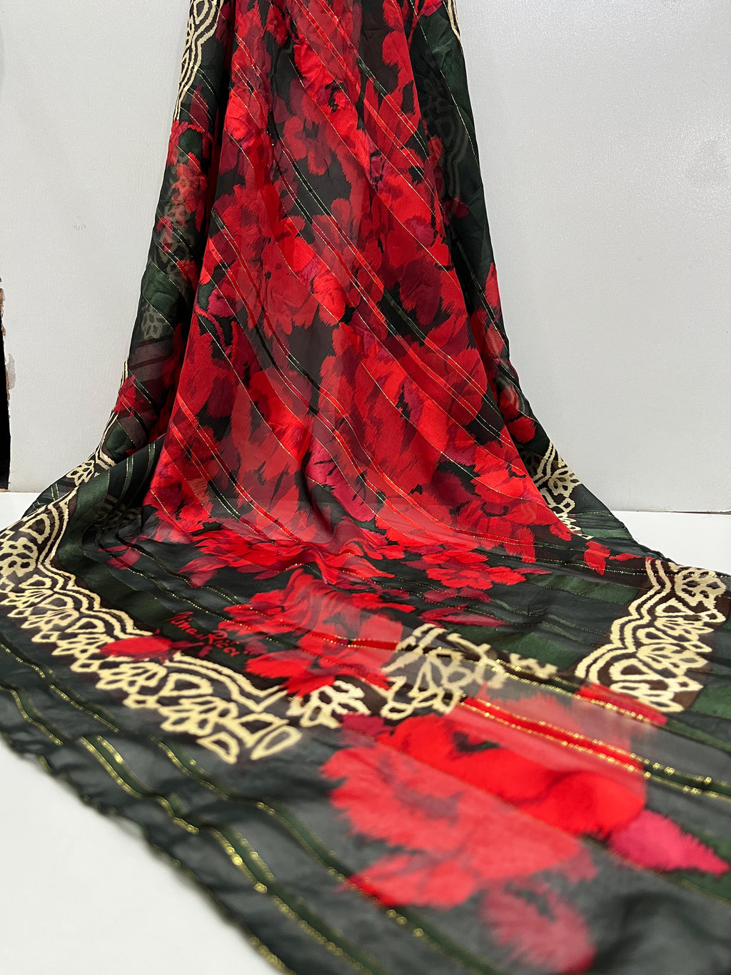 Vintage Nina Ricci Paris Seoul Silk Scarf Sheer Chiffon Red Rose Floral Lurex