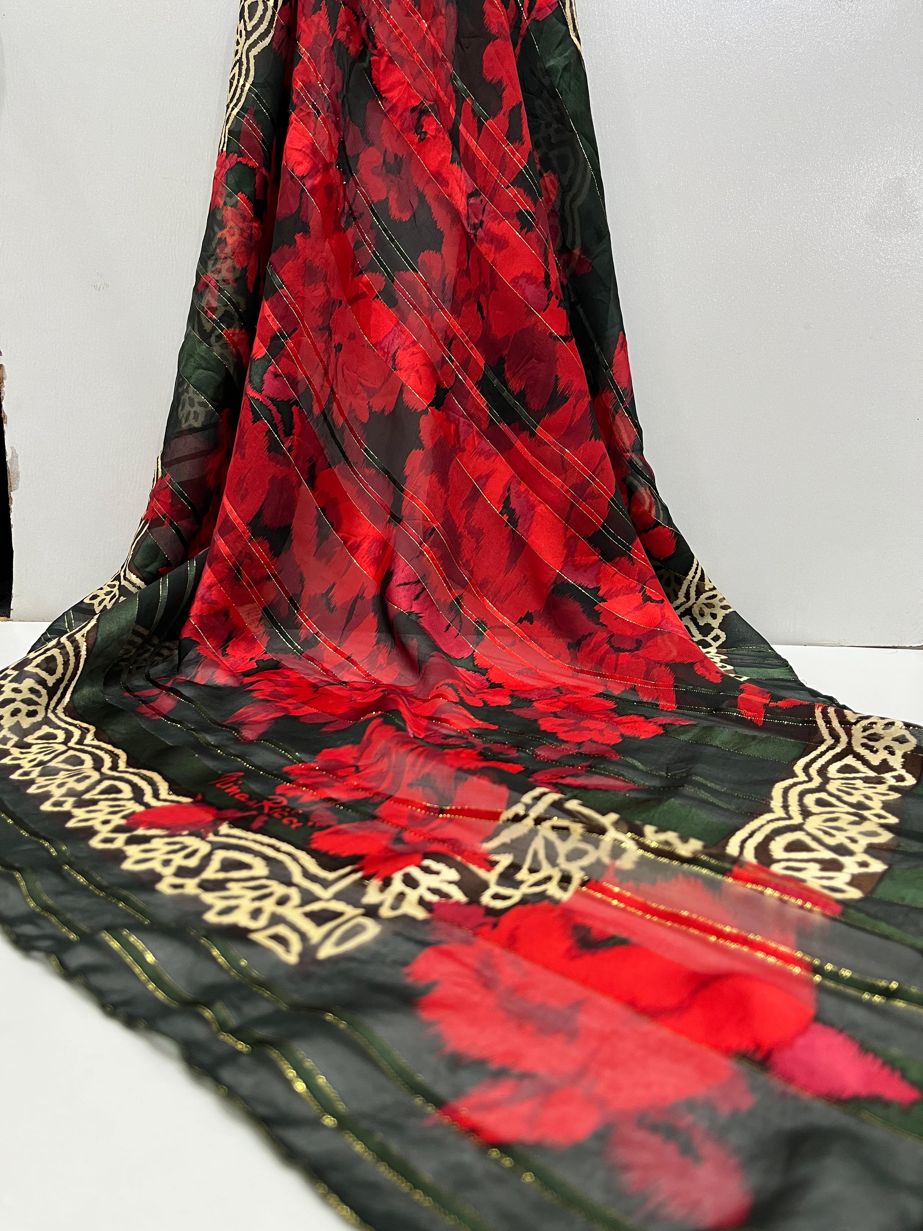 Vintage Nina Ricci Paris Seoul Silk Scarf Sheer Chiffon Red Rose Floral Lurex