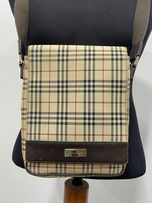 Burberry Vintage Nova Check Logo Plate Crossbody Bag – Beige & Brown