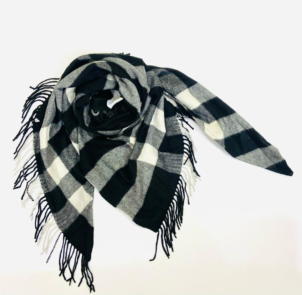 Burberry Black Check 100% Cashmere Triangle Fringe Scarf (Made in Scotland)