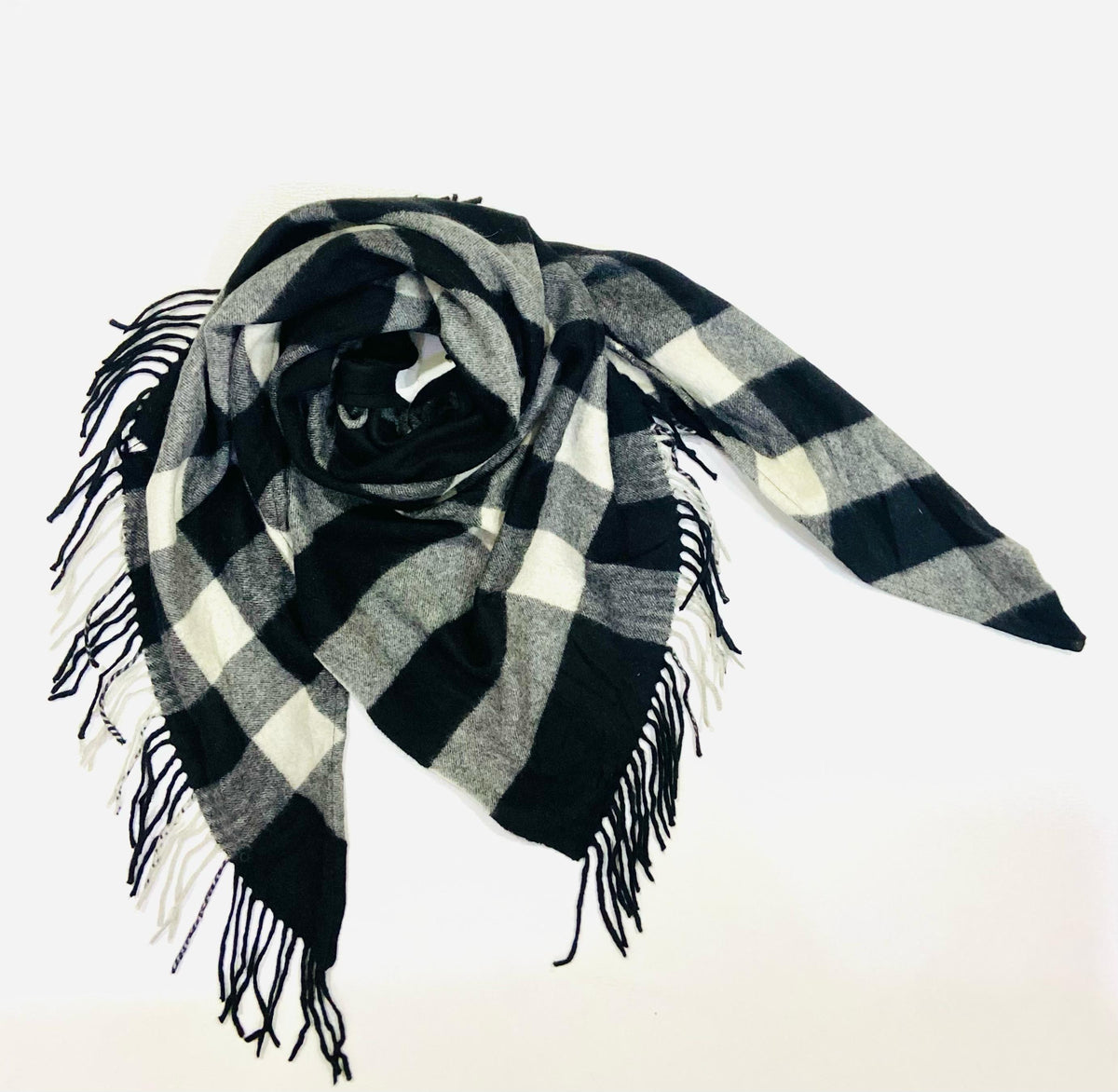 Burberry Black Check 100% Cashmere Triangle Fringe Scarf (Made in Scotland)