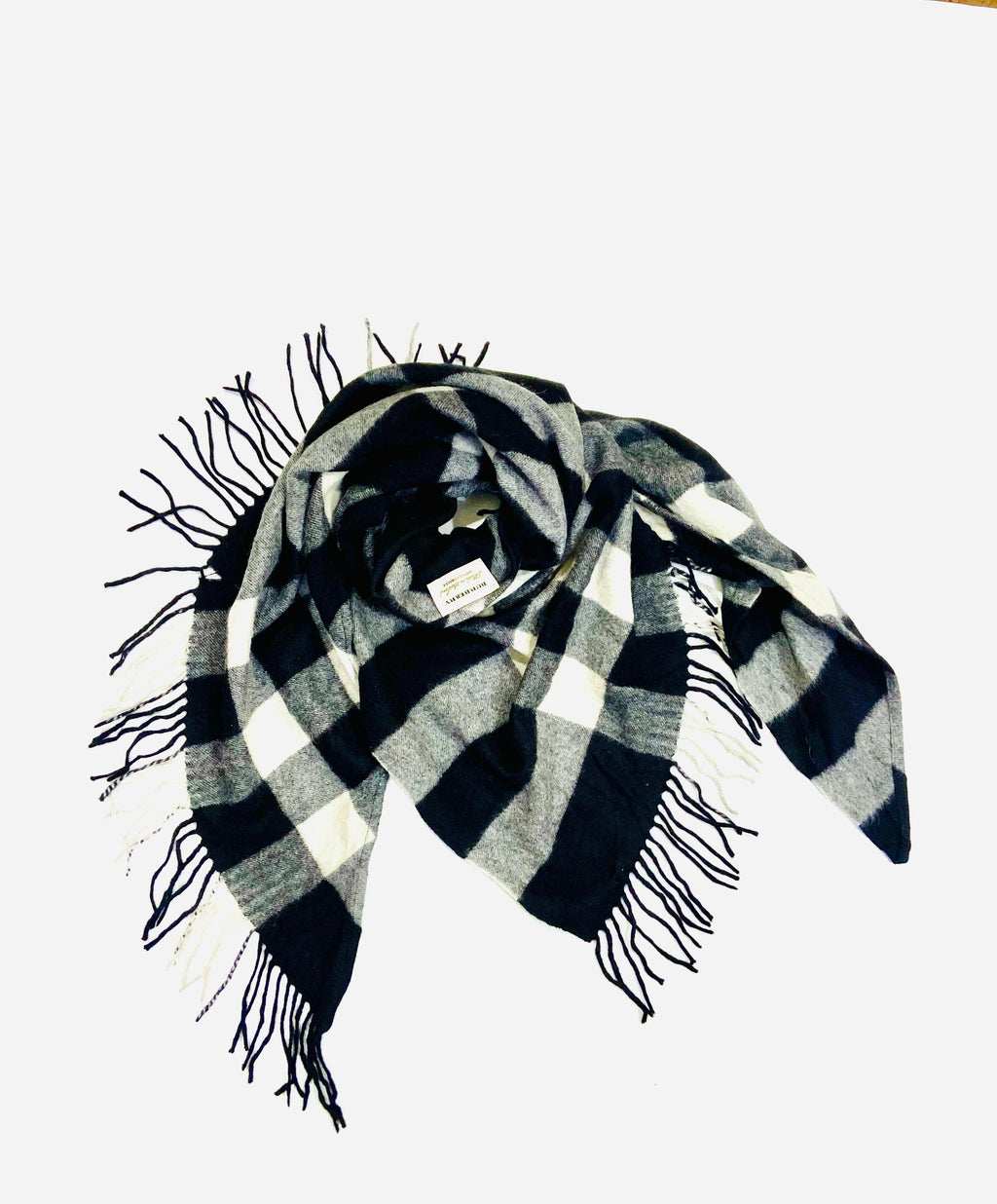 Burberry Black Check 100% Cashmere Triangle Fringe Scarf (Made in Scotland)