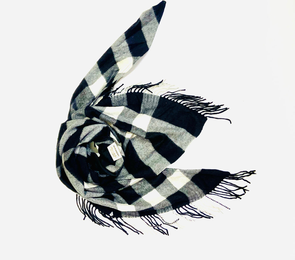 Burberry Black Check 100% Cashmere Triangle Fringe Scarf (Made in Scotland)