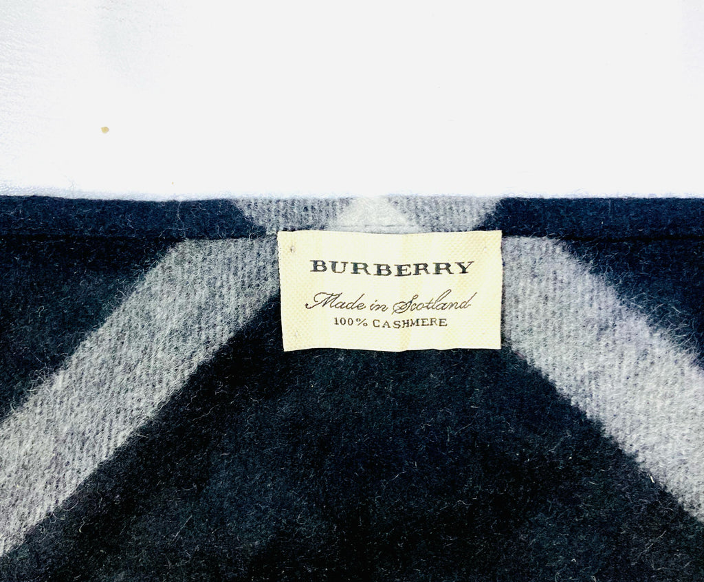 Burberry Black Check 100% Cashmere Triangle Fringe Scarf (Made in Scotland)
