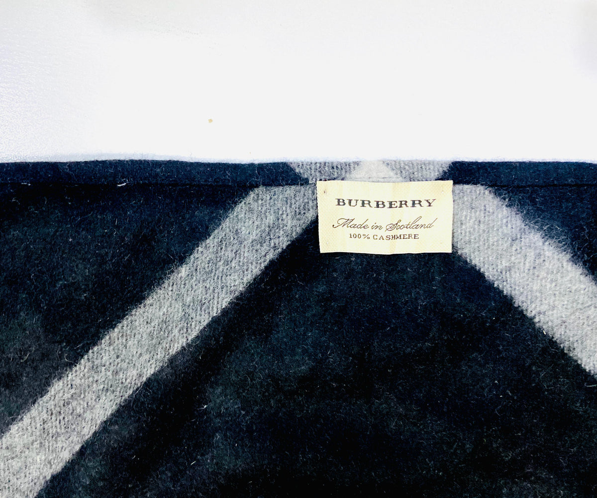 Burberry Black Check 100% Cashmere Triangle Fringe Scarf (Made in Scotland)