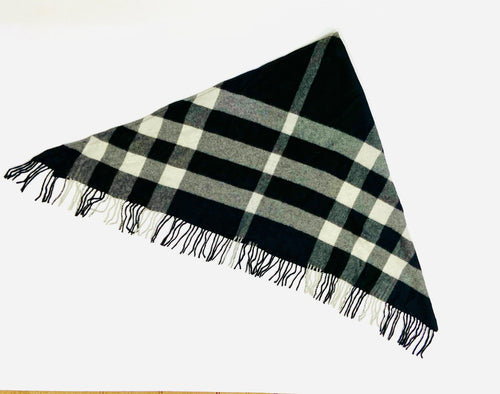 Burberry Black Check 100% Cashmere Triangle Fringe Scarf (Made in Scotland)