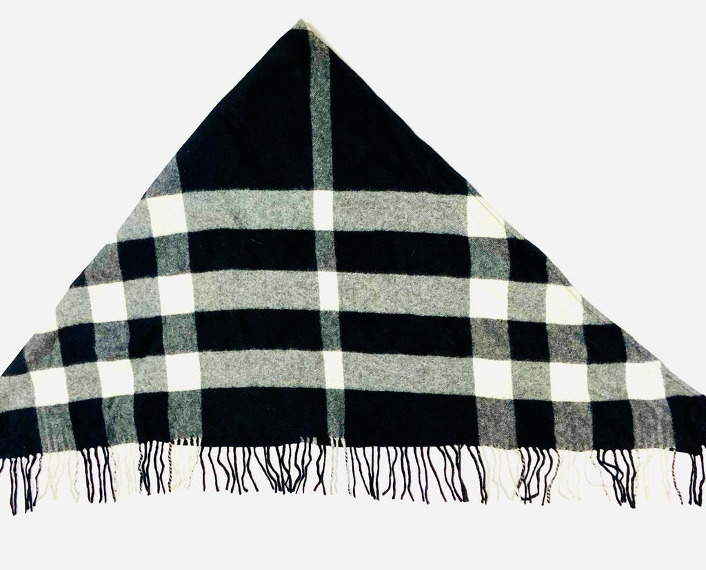 Burberry Black Check 100% Cashmere Triangle Fringe Scarf (Made in Scotland)