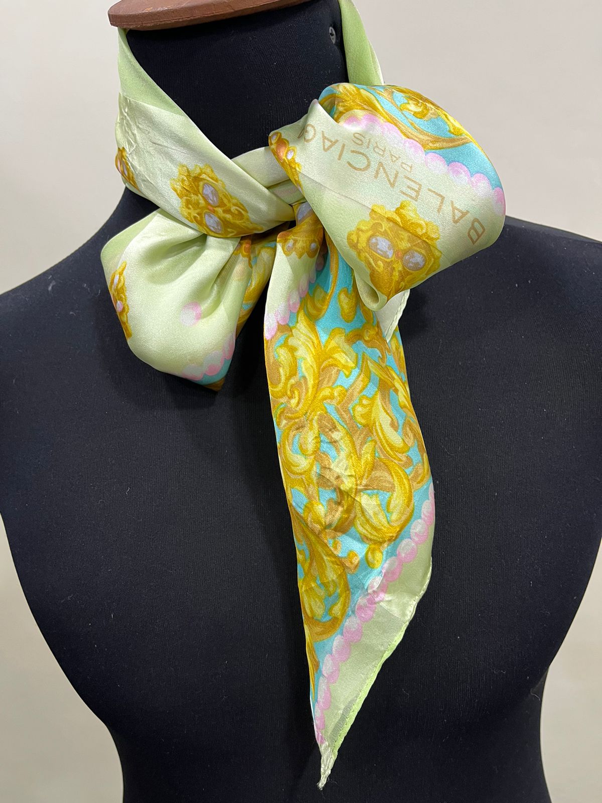 Vintage Balenciaga Paris 100% Silk Baroque Scroll Print Square Scarf