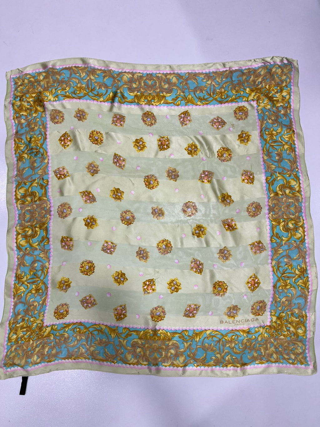 Vintage Balenciaga Paris 100% Silk Baroque Scroll Print Square Scarf