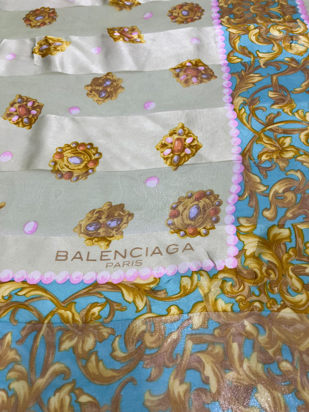 Vintage Balenciaga Paris 100% Silk Baroque Scroll Print Square Scarf