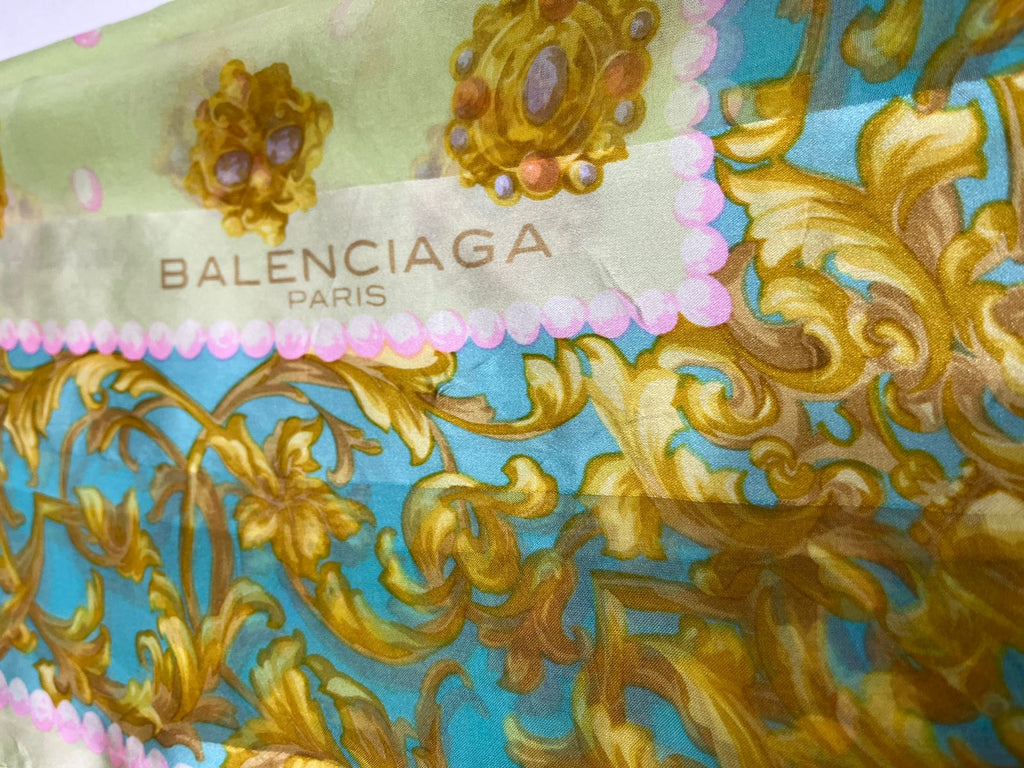 Vintage Balenciaga Paris 100% Silk Baroque Scroll Print Square Scarf