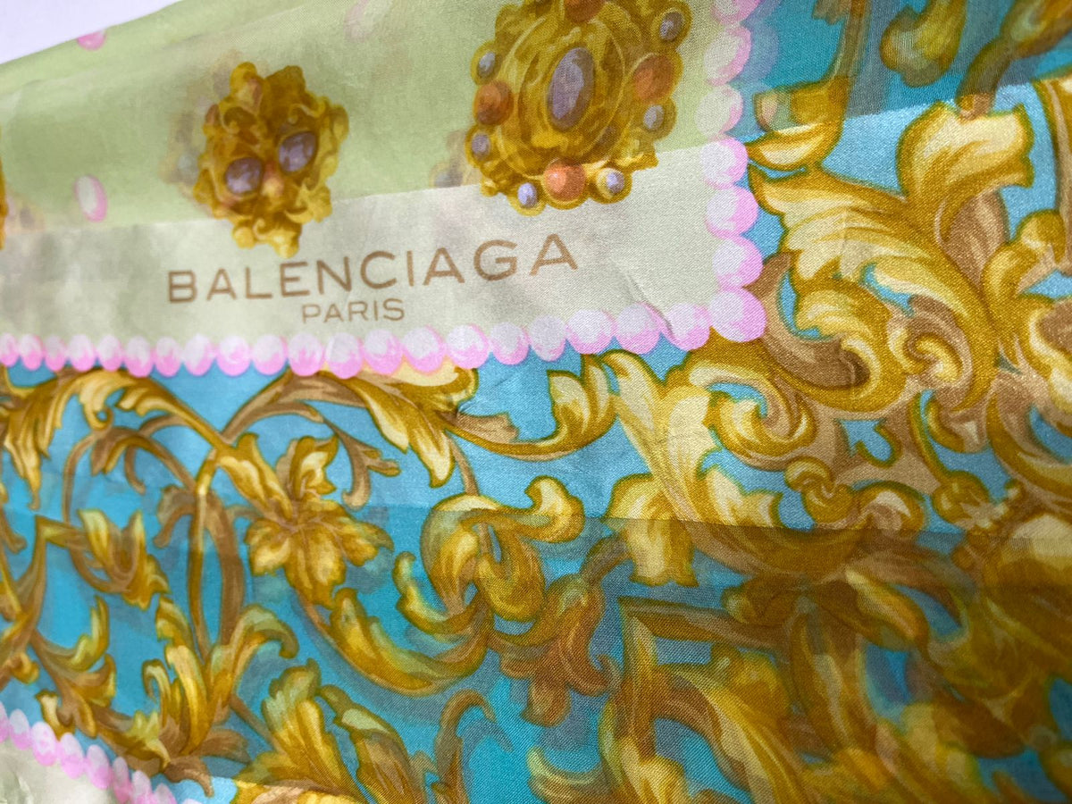 Vintage Balenciaga Paris 100% Silk Baroque Scroll Print Square Scarf