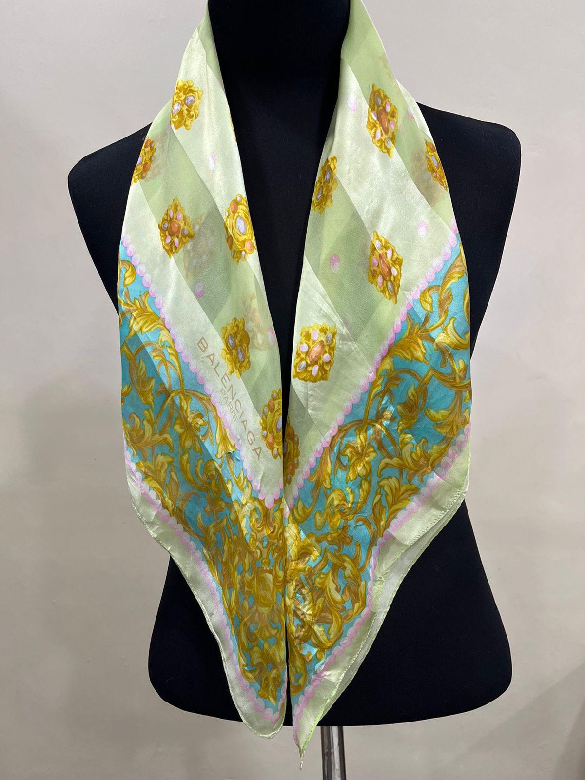 Vintage Balenciaga Paris 100% Silk Baroque Scroll Print Square Scarf