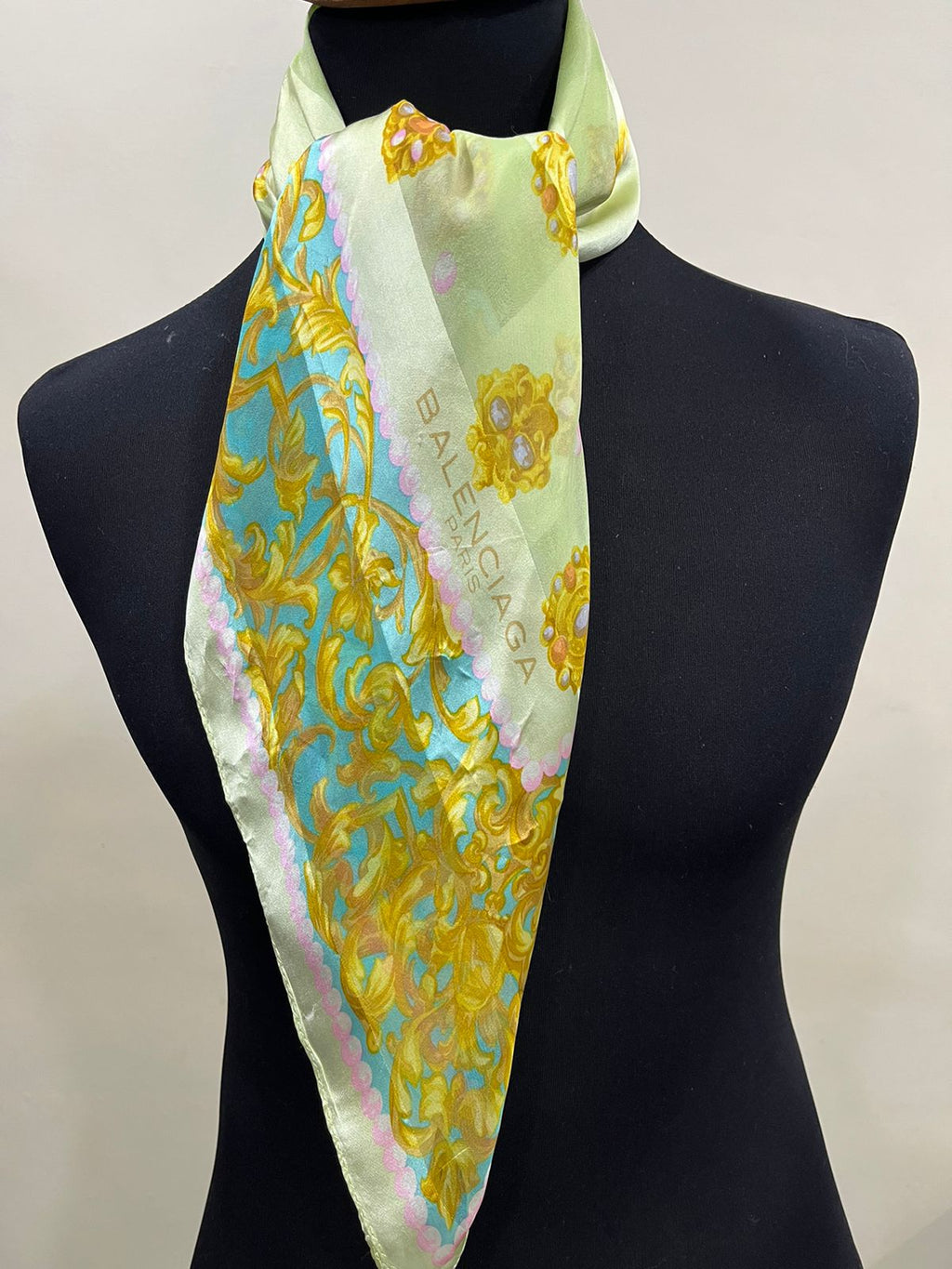 Vintage Balenciaga Paris 100% Silk Baroque Scroll Print Square Scarf