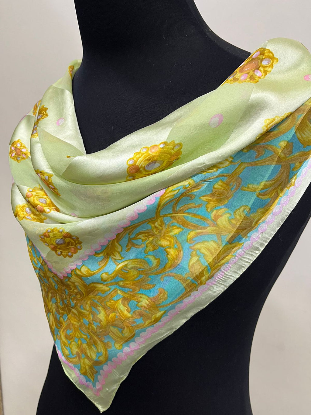 Vintage Balenciaga Paris 100% Silk Baroque Scroll Print Square Scarf