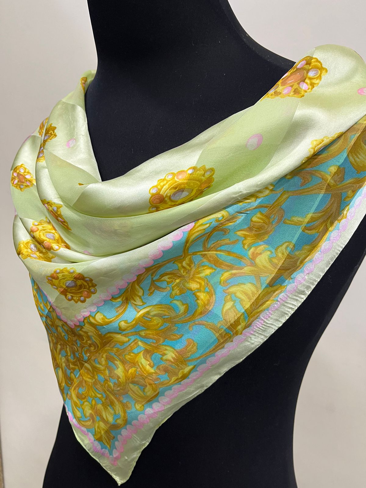 Vintage Balenciaga Paris 100% Silk Baroque Scroll Print Square Scarf