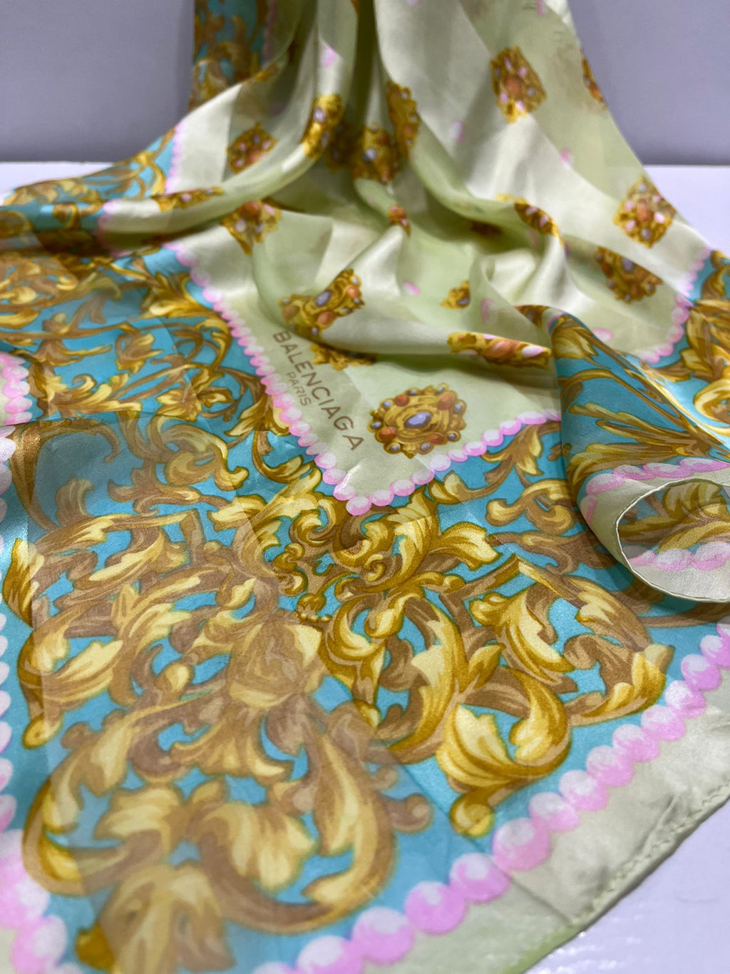 Vintage Balenciaga Paris 100% Silk Baroque Scroll Print Square Scarf