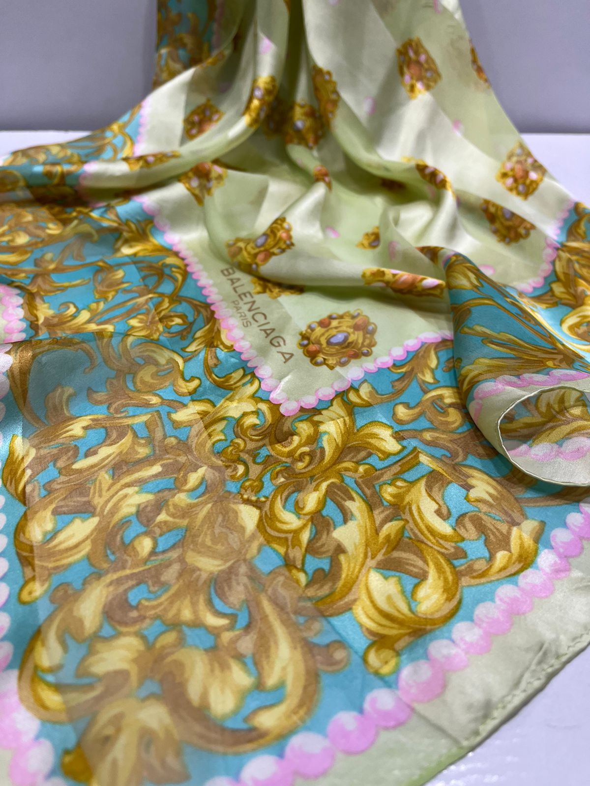 Vintage Balenciaga Paris 100% Silk Baroque Scroll Print Square Scarf