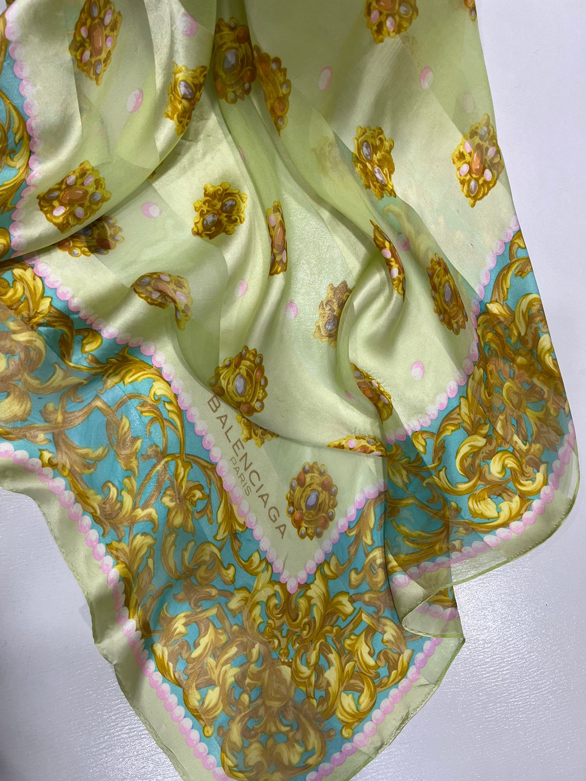 Vintage Balenciaga Paris 100% Silk Baroque Scroll Print Square Scarf