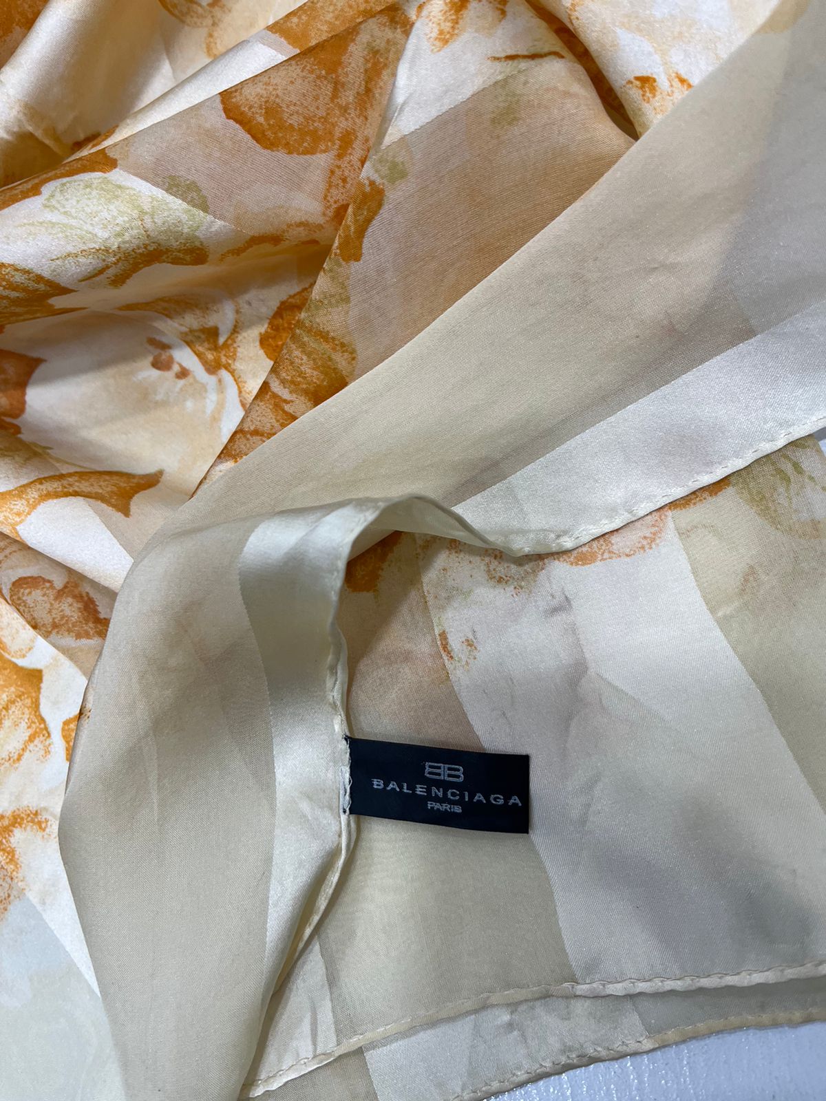 Vintage Balenciaga Paris Floral Scarf in Cream & Orange 100% Silk