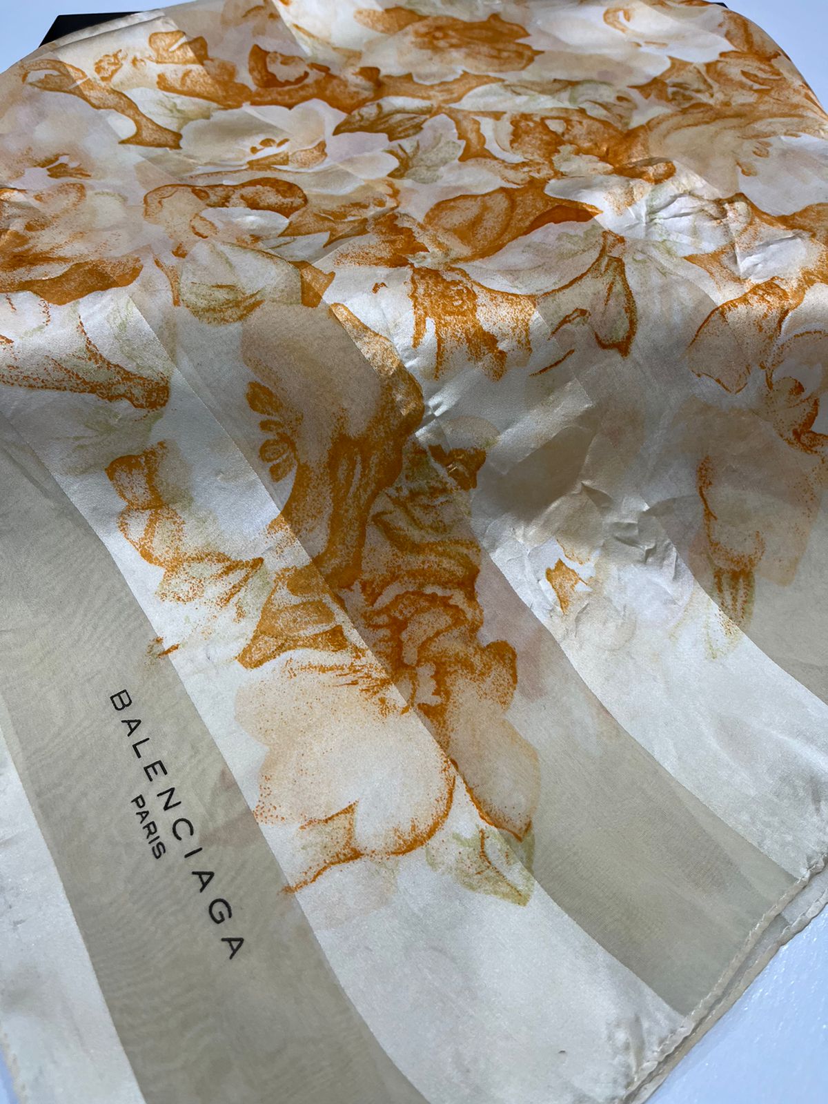 Vintage Balenciaga Paris Floral Scarf in Cream & Orange 100% Silk