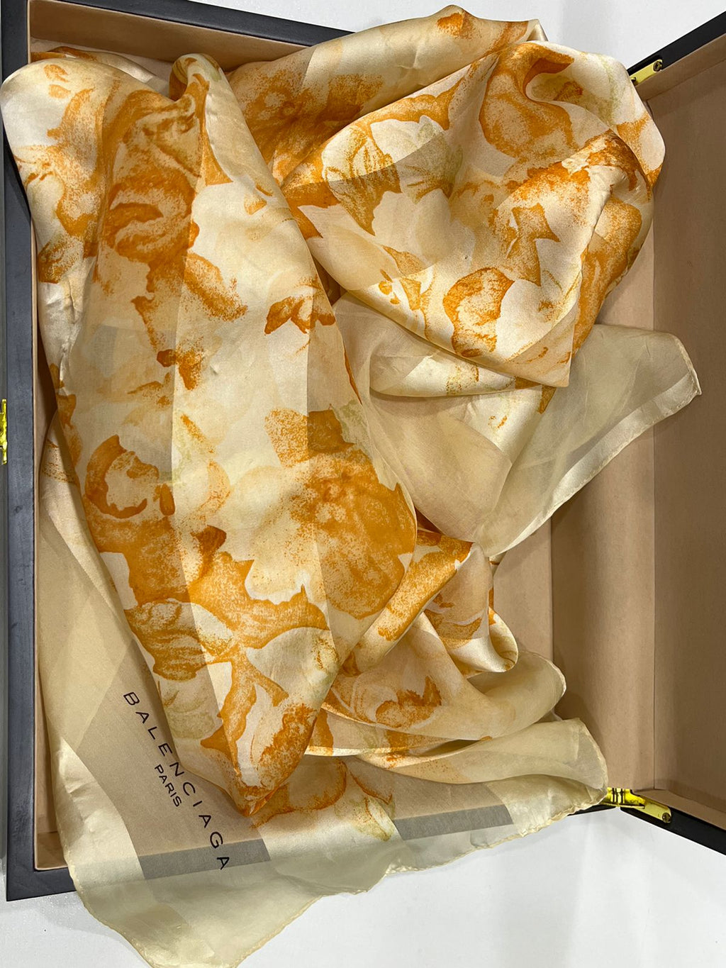 Vintage Balenciaga Paris Floral Scarf in Cream & Orange 100% Silk