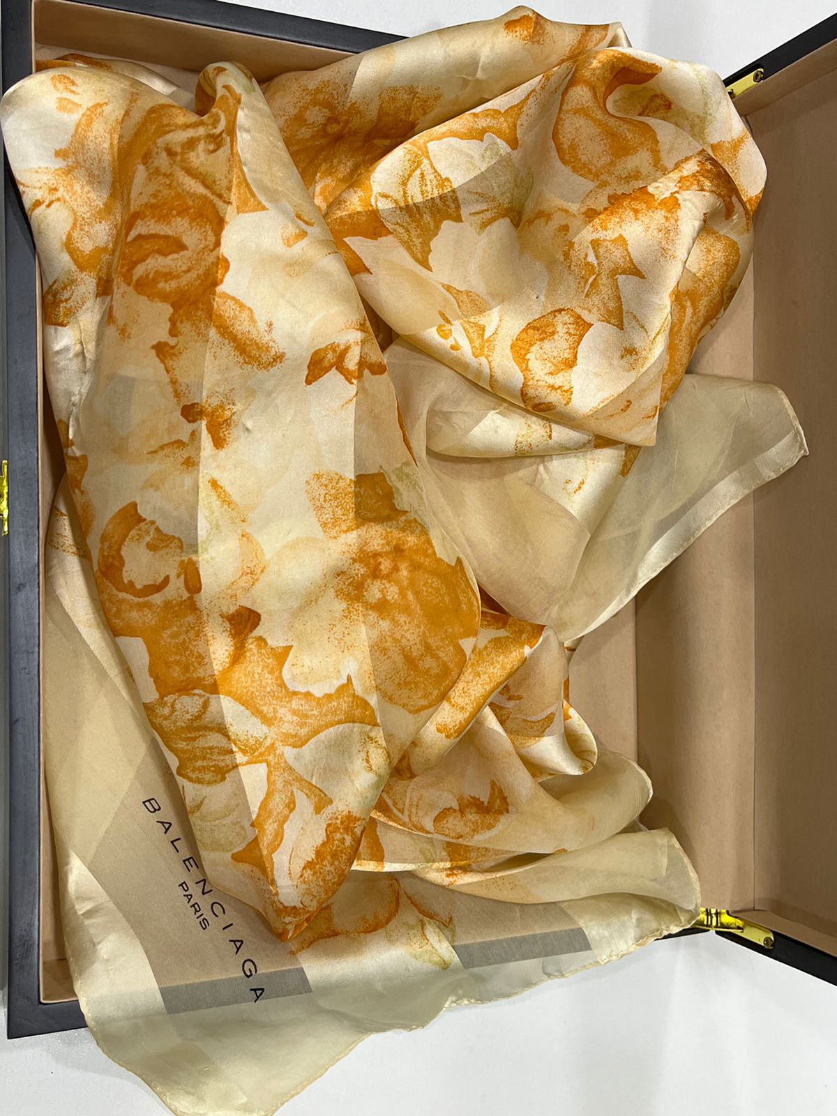 Vintage Balenciaga Paris Floral Scarf in Cream & Orange 100% Silk