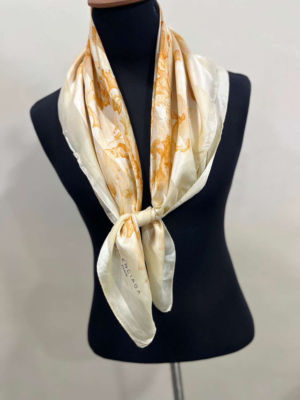 Vintage Balenciaga Paris Floral Scarf in Cream & Orange 100% Silk
