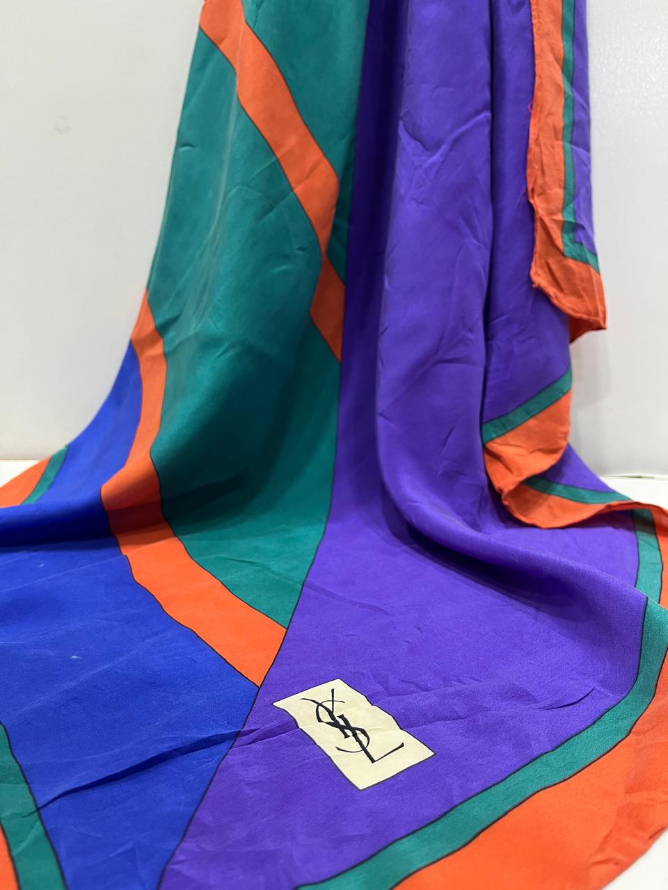 Vintage Yves Saint Laurent YSL Geometric Silk Scarf – Purple, Teal & Orange