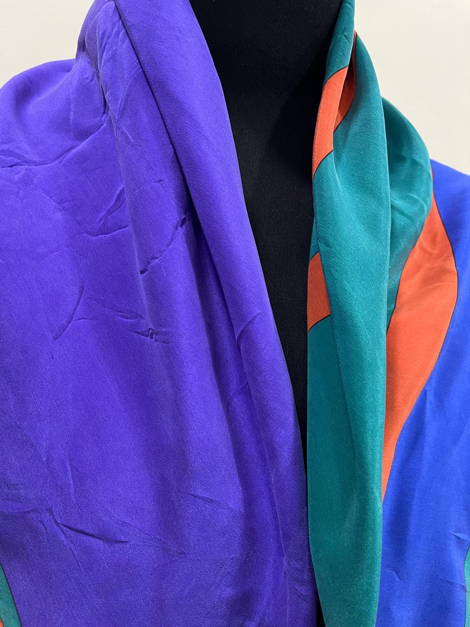 Vintage Yves Saint Laurent YSL Geometric Silk Scarf – Purple, Teal & Orange