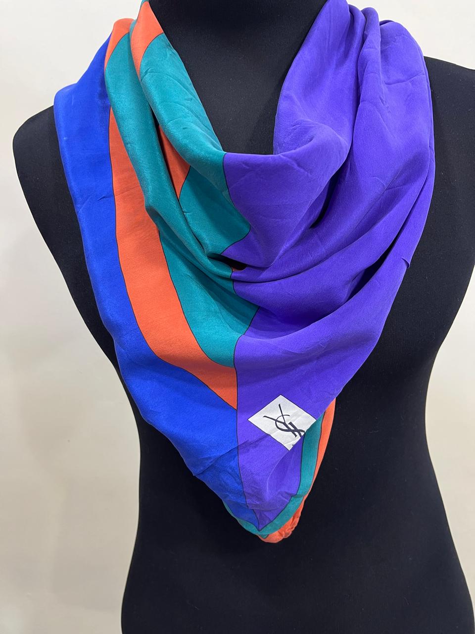 Vintage Yves Saint Laurent YSL Geometric Silk Scarf – Purple, Teal & Orange