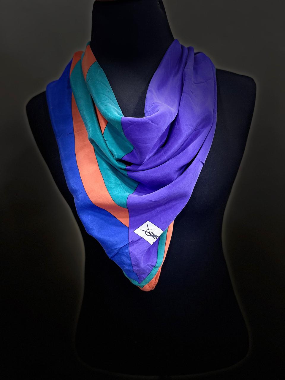 Vintage Yves Saint Laurent YSL Geometric Silk Scarf – Purple, Teal & Orange