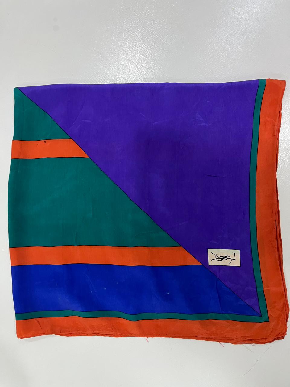 Vintage Yves Saint Laurent YSL Geometric Silk Scarf – Purple, Teal & Orange